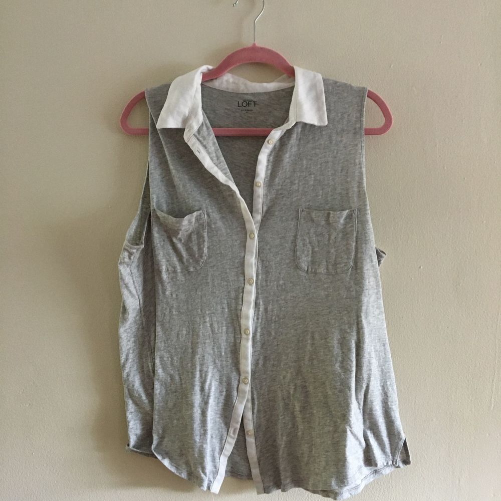 Loft Gray & White Collared Button Down Top - image 6